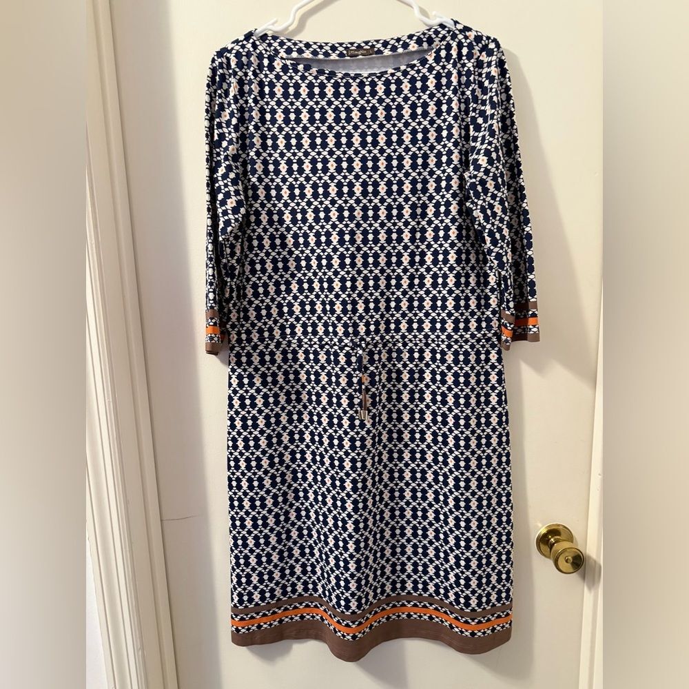 J McLaughlin Catalina 3/4 sleeve blue drawstring dress Womens L nautical modest